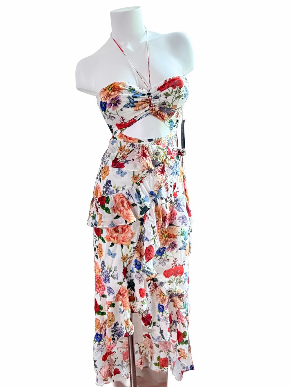 Olivaceous Floral Halter Maxi Dress Cutout Tiered Hi-Low Ruffle Size Small Multi